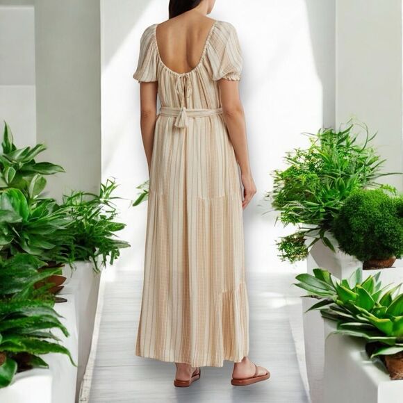 LOVESTITCH Women’s Stripe Puff Sleeves Maxi Dress in Size Large in Natural/Tan - Picture 3 of 7